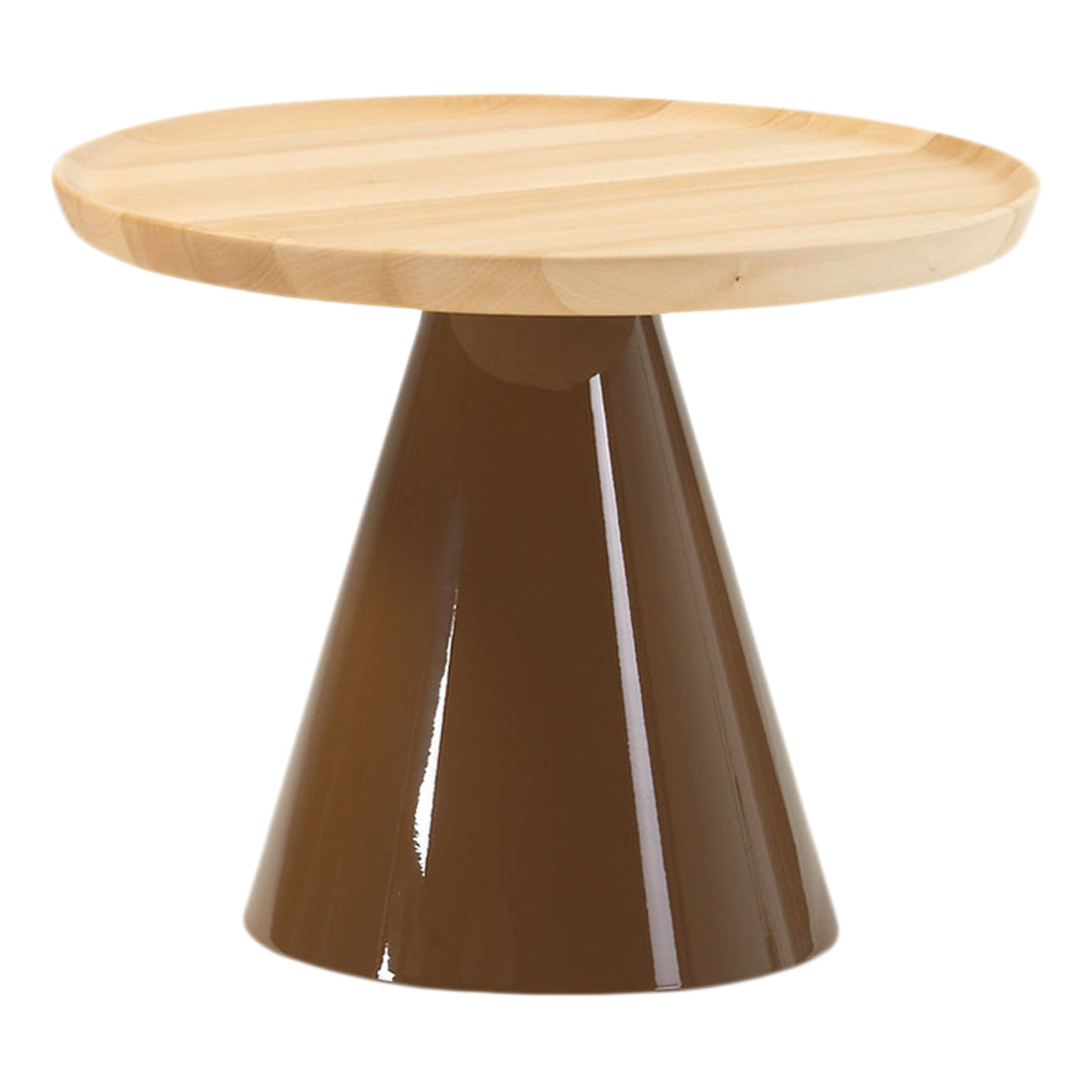 Natural wood table top with a glossy brown cone-shaped base, ideal for modern decor.