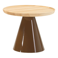 Natural wood table top with a glossy brown cone-shaped base, ideal for modern decor.