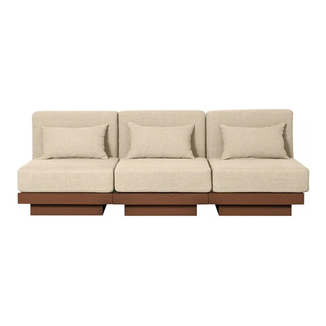 Beige upholstered sofa with solid wood base and seamless design, featuring plush cushions for a modern look.