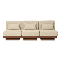 Beige upholstered sofa with solid wood base and seamless design, featuring plush cushions for a modern look.