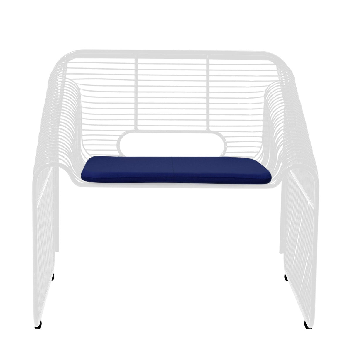 White wireframe bench with a solid navy blue cushion, featuring a modern minimalist design.