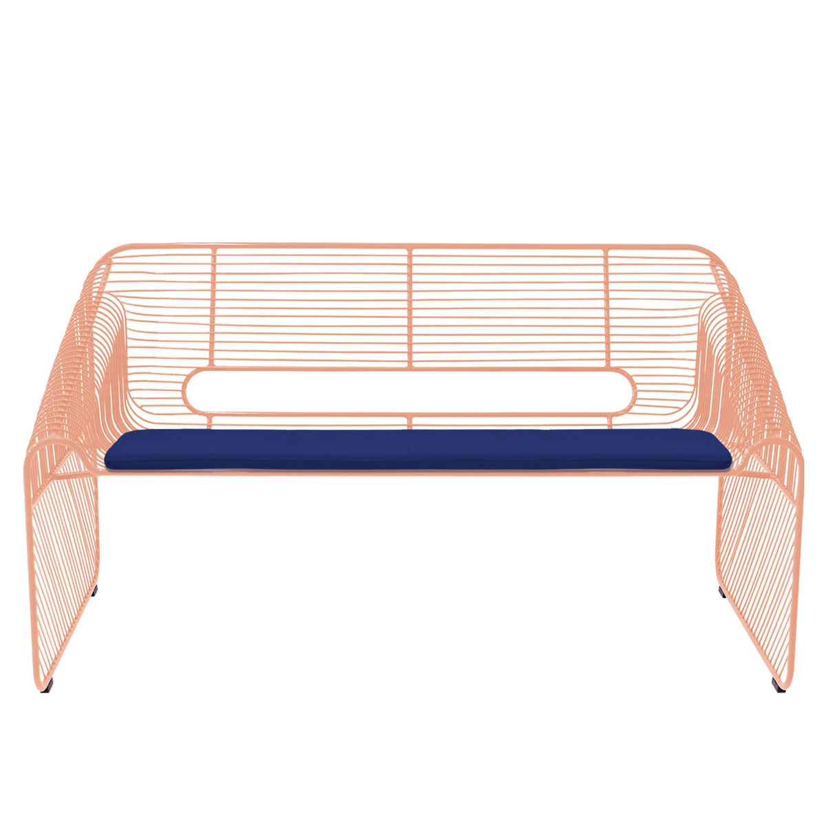 Coral wireframe bench with a solid navy cushion; modern design with clean lines and contrasting colors.