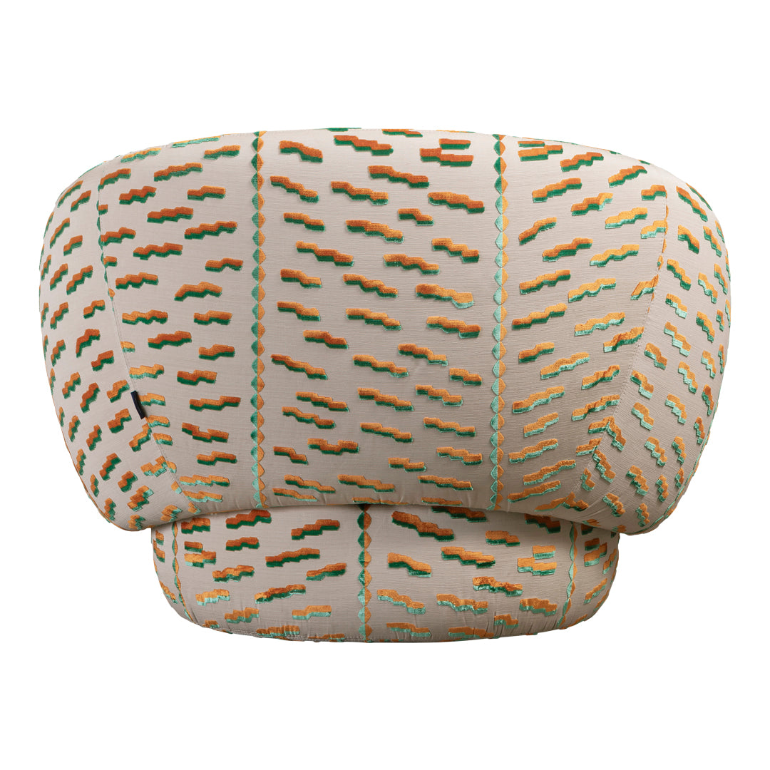 Multicolored patterned upholstery featuring warm tones of orange, green, and cream with abstract wave-like designs.