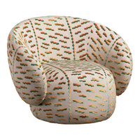 Colorful upholstered chair featuring abstract orange and teal patterns on a cream background. Comfortable and stylish.