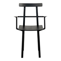 Black wooden chair with a minimalist design and sleek lines, featuring a solid seat and armrests.