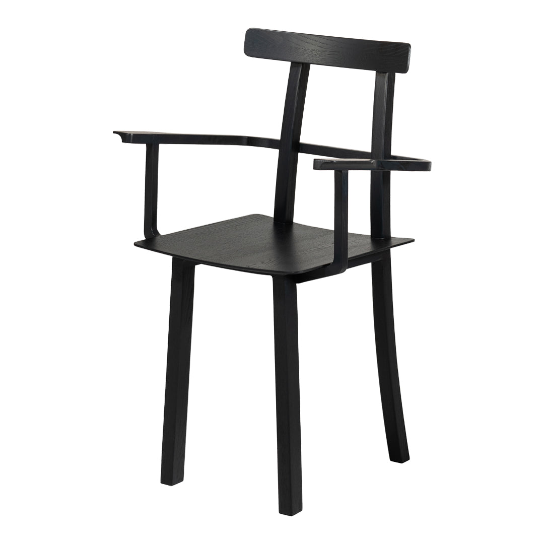 Black wooden chair with a minimalist design and straight lines, featuring sleek armrests and a clean geometric pattern.