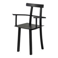 Black wooden chair with a minimalist design and straight lines, featuring sleek armrests and a clean geometric pattern.