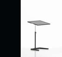Black metal adjustable table with a sleek, flat surface and minimalistic design against a white background.