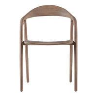 Wooden chair in a light brown finish with a smooth, minimalist design and curved backrest. Ideal for modern decor.