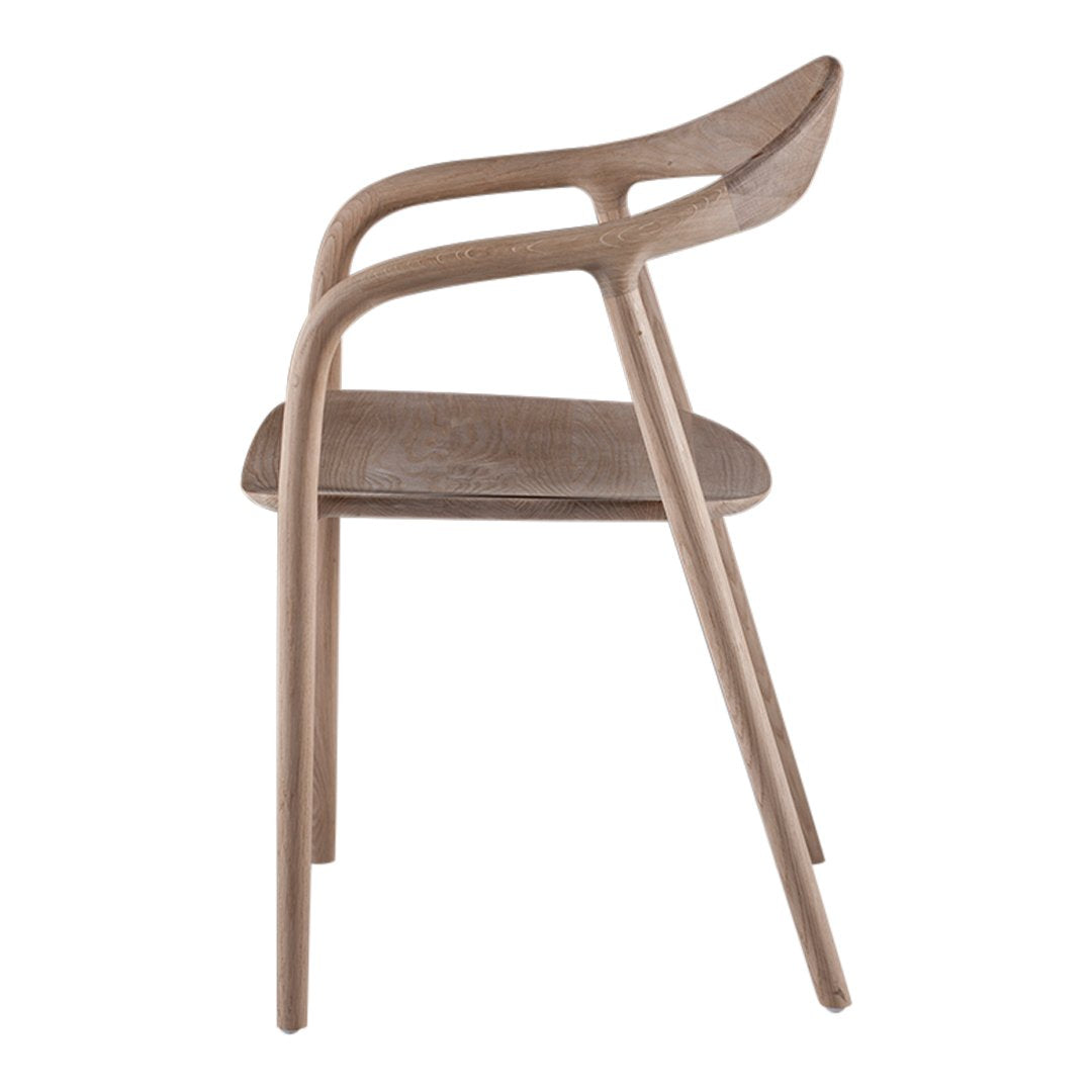 Sleek tan wooden chair with smooth curves and minimalistic design, perfect for modern interiors.