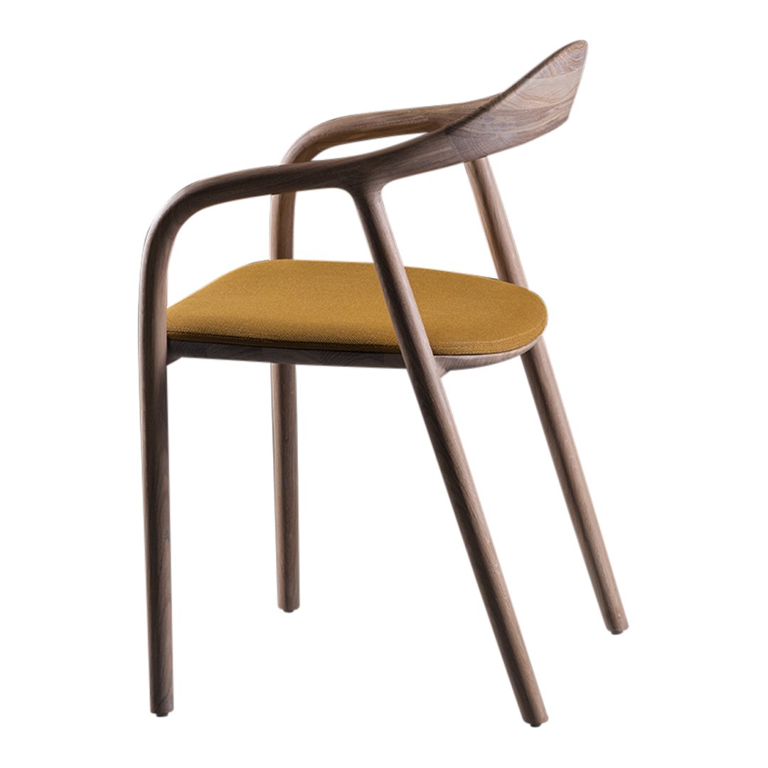 Wooden chair with a sleek design featuring a dark walnut finish and a warm mustard yellow seat. Ideal for modern decor.