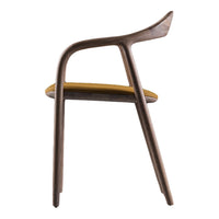 Elegant wooden chair with a rich brown frame and a striking yellow seat cushion, featuring smooth, modern lines.