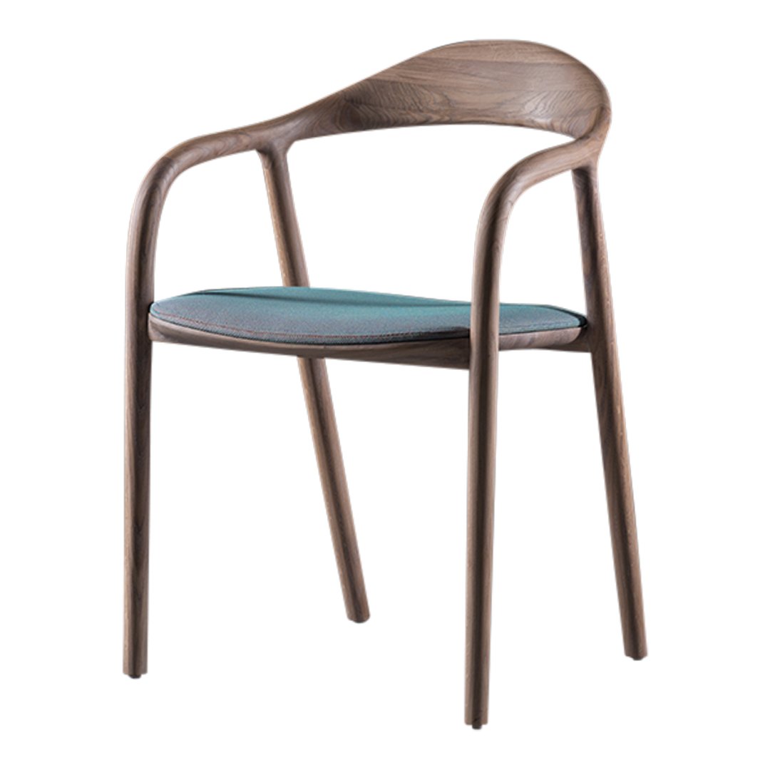 Stylish wooden chair with a rich brown finish and a sleek aqua blue upholstered seat. Modern design and color contrast.
