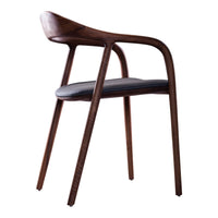 Elegant wooden chair in rich walnut finish with a sleek black padded seat. Modern design with smooth curves.