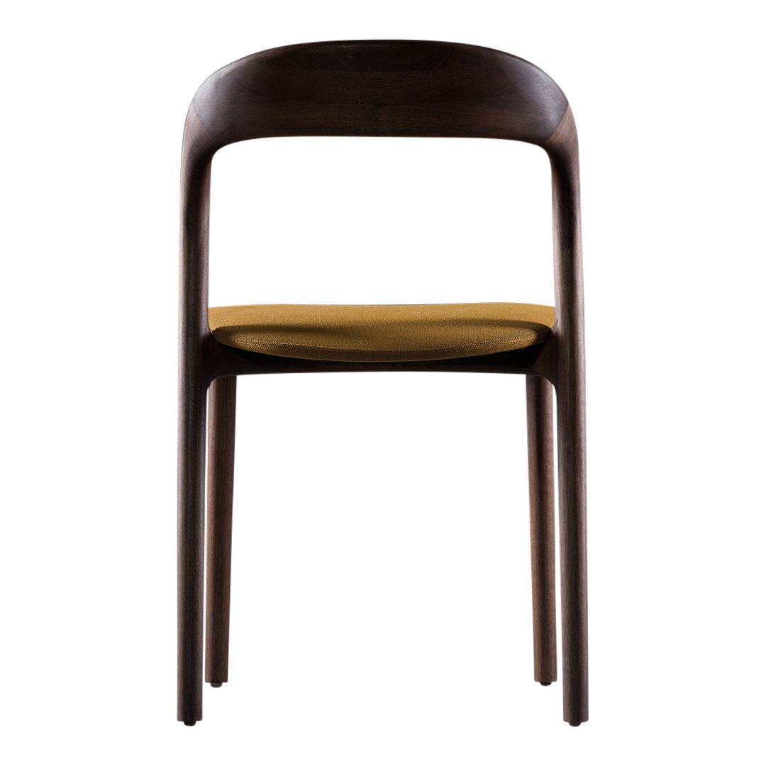 Brown wooden chair with a smooth, minimalist design and a contrasting mustard yellow seat cushion.