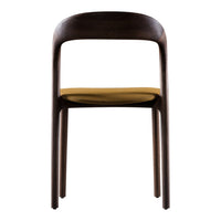Brown wooden chair with a smooth, minimalist design and a contrasting mustard yellow seat cushion.