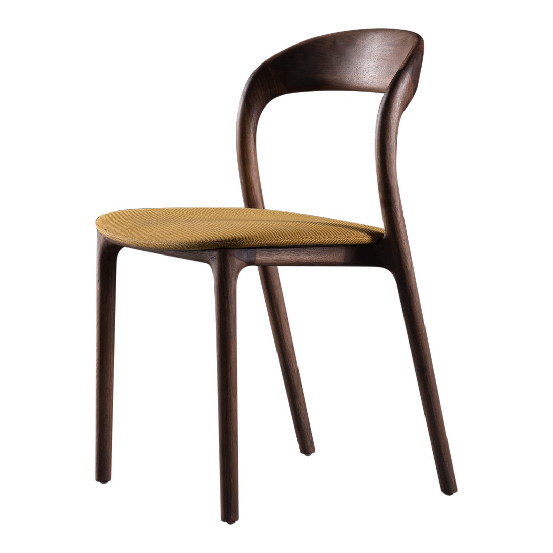Brown wooden chair with a smooth, curved back and a mustard yellow seat cushion. Simple, modern design.