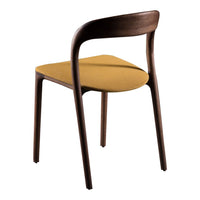 Brown wooden chair with a vibrant mustard yellow seat, featuring a sleek and modern design. Perfect for contemporary decor.
