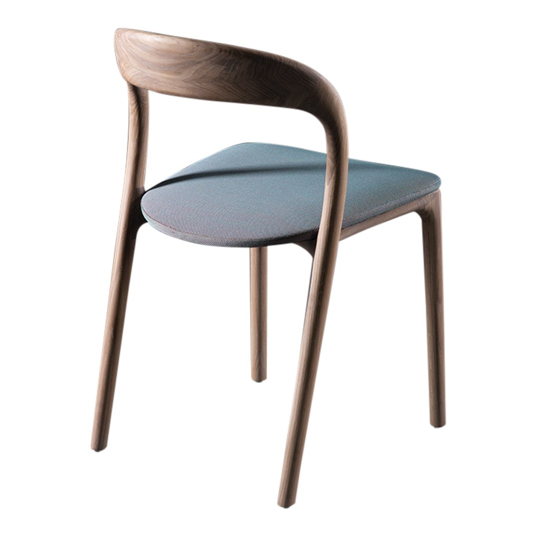Elegant wooden chair with a sleek walnut finish and a soft blue upholstered seat. Perfect for modern decor.
