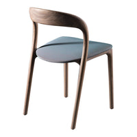 Elegant wooden chair with a sleek walnut finish and a soft blue upholstered seat. Perfect for modern decor.