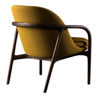 Stylish armchair with a mustard yellow upholstery and dark wood frame, featuring a sleek, modern design.