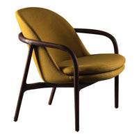 "Modern chair featuring a mustard yellow upholstery and sleek dark wood frame, perfect for stylish interiors."