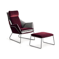 Burgundy and gray patterned armchair with matching ottoman, featuring a sleek modern design and metallic frame.