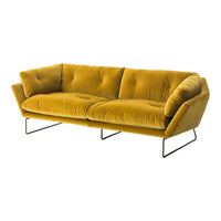 Bright mustard yellow velvet sofa with a sleek modern design and subtle tufted pattern. Stylish metal legs.