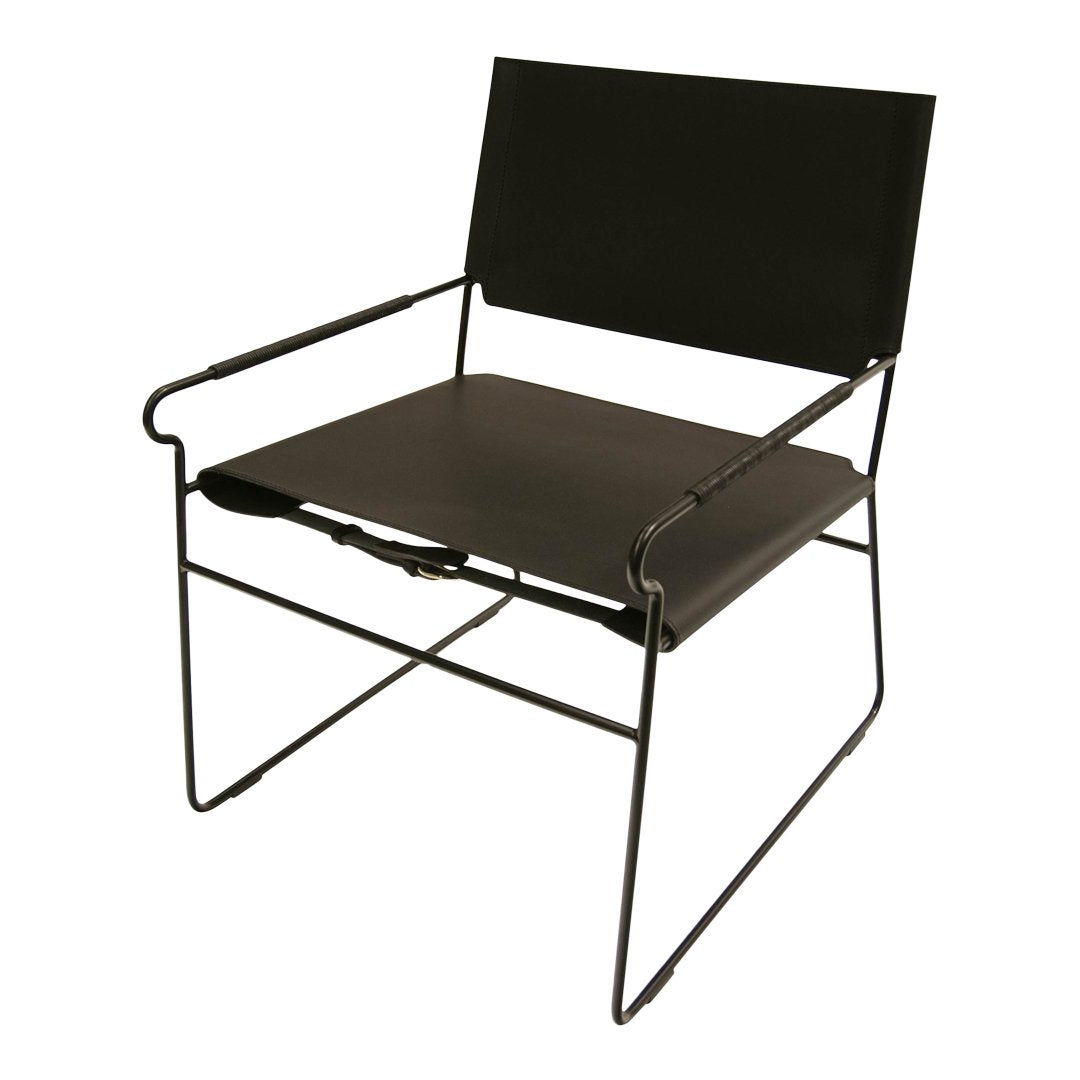 Black minimalist chair with a sleek metal frame and simple design, featuring solid black fabric upholstery.