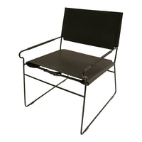 Black minimalist chair with a sleek metal frame and simple design, featuring solid black fabric upholstery.