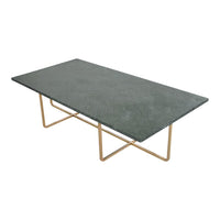 Rectangular gray marble coffee table with a sleek gold metal base, perfect for modern living spaces.