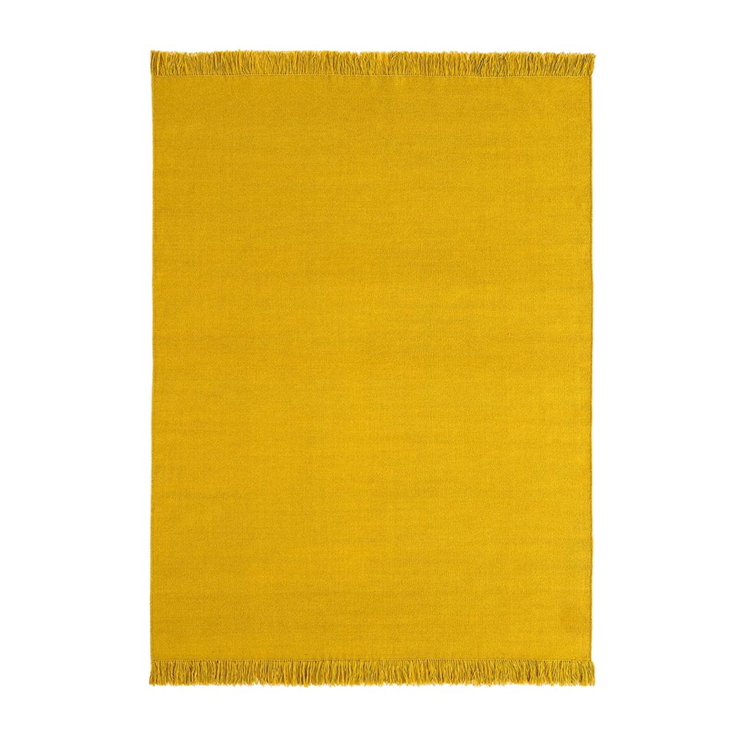 Bright yellow rug with a solid pattern and fringe edges, perfect for adding a pop of color to any space.