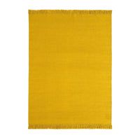 Bright yellow rug with a solid pattern and fringe edges, perfect for adding a pop of color to any space.