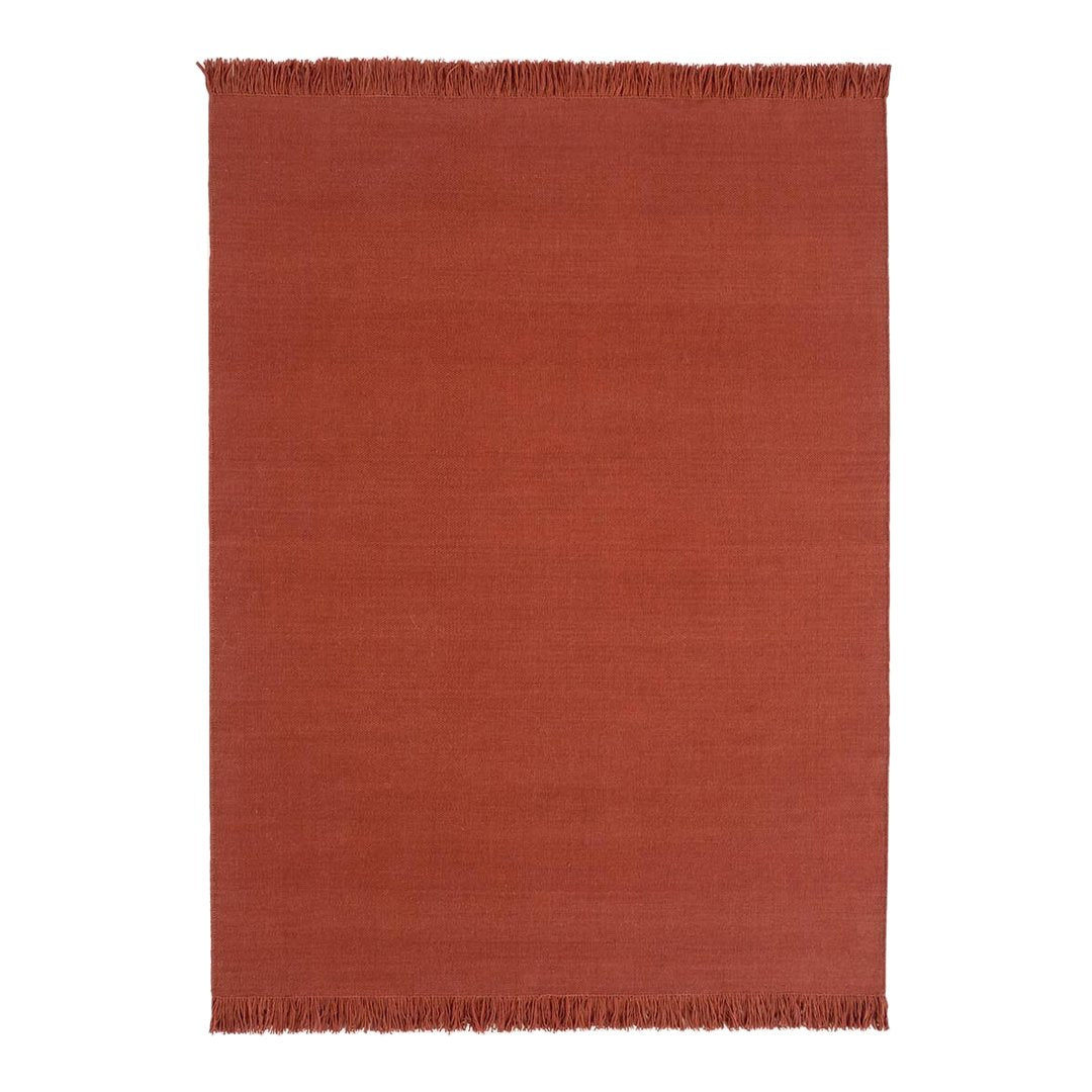 Rust-colored woven rug with fringed edges and smooth texture, perfect for adding warmth to any space.