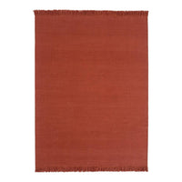 Rust-colored woven rug with fringed edges and smooth texture, perfect for adding warmth to any space.