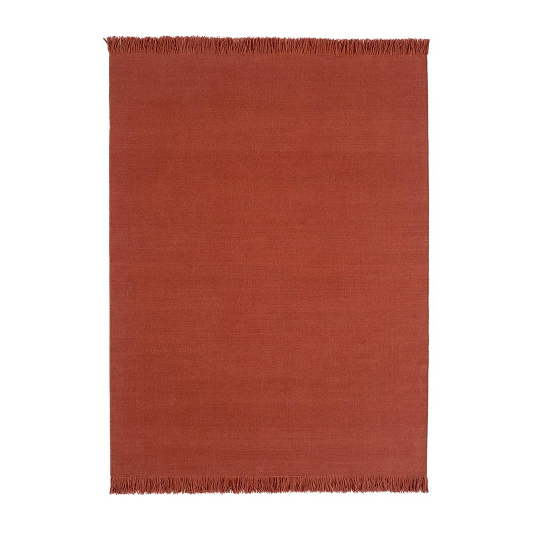 Rust orange woven rug with fringed edges, featuring a solid color design for a warm, modern touch.