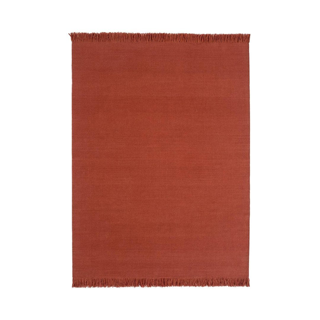 Solid rust orange rug with fringed edges, perfect for adding warmth to any space.