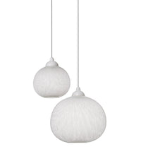 White hanging lamps featuring a textured, spherical design with intricate patterns, ideal for modern decor.