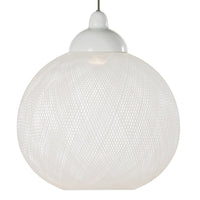 White wire mesh pendant light with a smooth white top, featuring elegant round shape and intricate patterns.