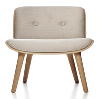 Light beige upholstered chair with subtle texture and natural wood legs, featuring a minimalist and modern design.