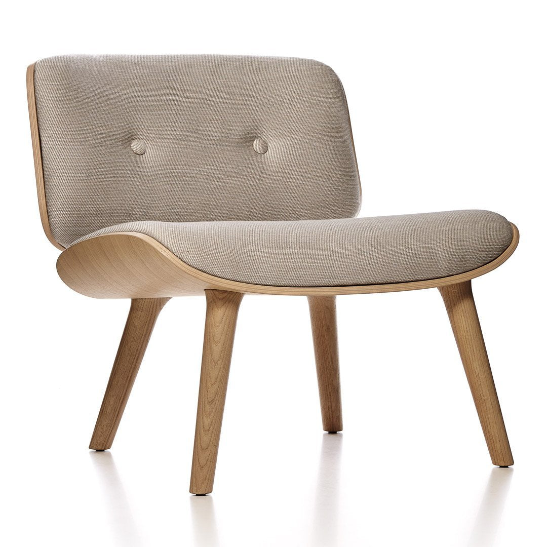 Light beige upholstered chair with subtle textured pattern and natural wood legs, offering modern minimalist design.