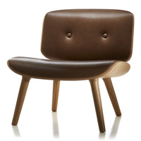 Brown leather lounge chair with smooth curves and a minimalist design, featuring button accents and wooden legs.