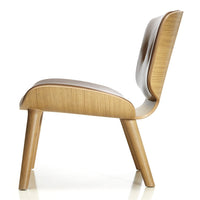 Stylish chair features a warm wood finish and smooth, rich brown leather upholstery, blending modern elegance with comfort.