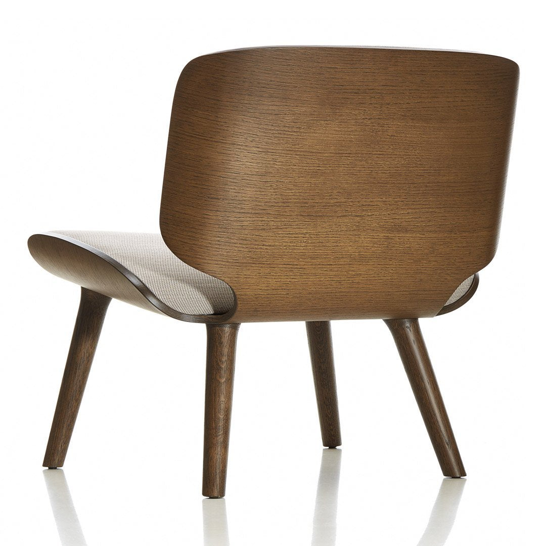 "Wooden lounge chair in rich walnut finish, featuring smooth curves and a minimalist design."