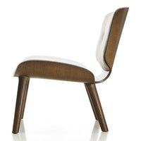 Modern side chair with a sleek white seat and warm walnut wood finish, showcasing a minimalist design.