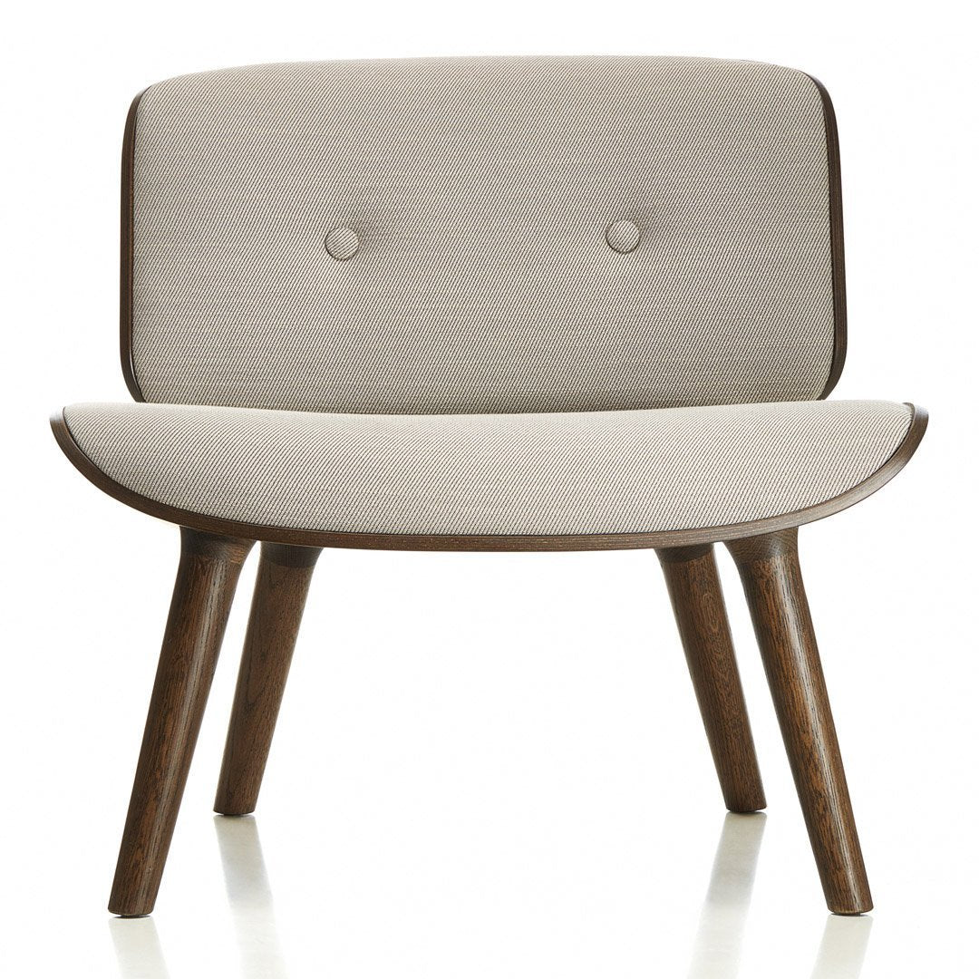 Light gray upholstered chair with subtle texture and two button details, featuring dark wooden legs. Modern, minimalist design.