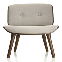 Light gray upholstered chair with subtle texture and two button details, featuring dark wooden legs. Modern, minimalist design.