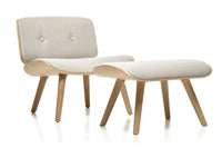 Beige upholstered chair and ottoman with light wood legs, featuring a minimalist design and subtle tufted detailing.
