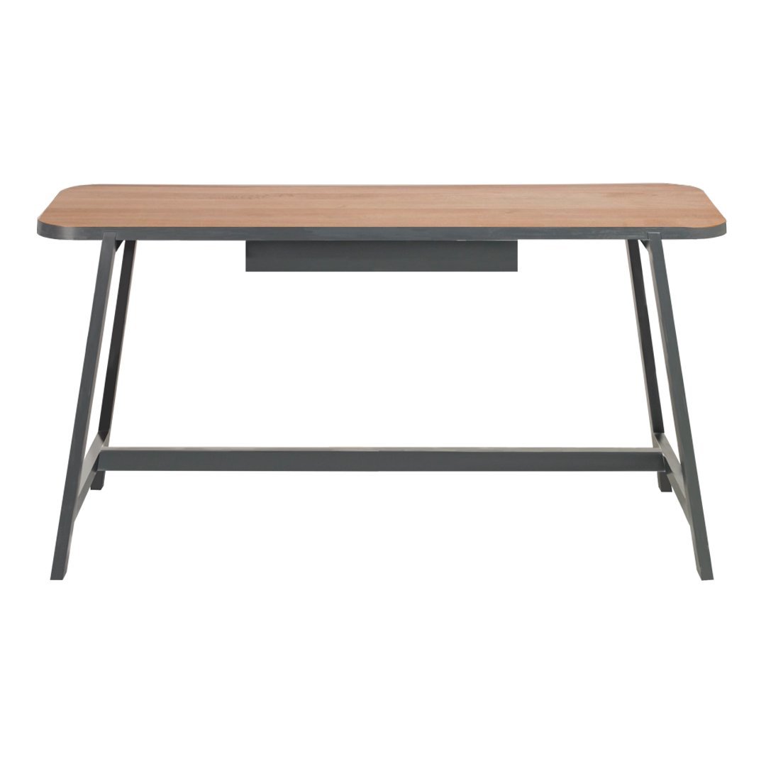 Brown wood tabletop with a smooth finish and sleek black metal legs, creating a modern, minimalist design.
