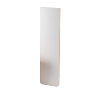 Slim vertical mirror with a smooth white surface and natural wood trim. Minimalist design complements any decor.